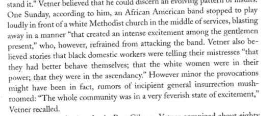 Nothing was quite as "humiliating" to these white men as idea of white women "eloping" with Black men. Such "insults," as well as any attempt by Blacks to organize politically, were seen as signs of an impending violent uprising, thus justifying "defensive" white violence 4/