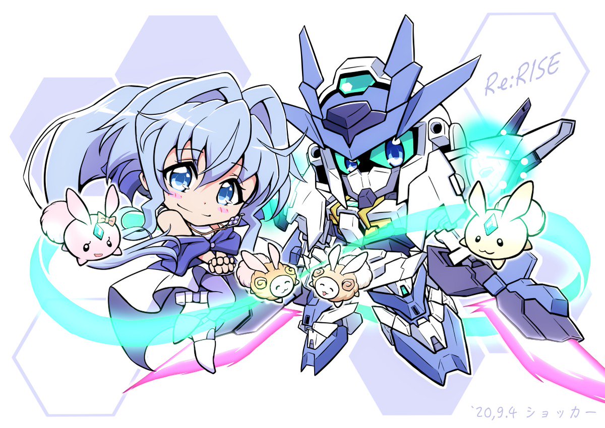 1girl chibi blue eyes robot mecha weapon holding weapon  illustration images