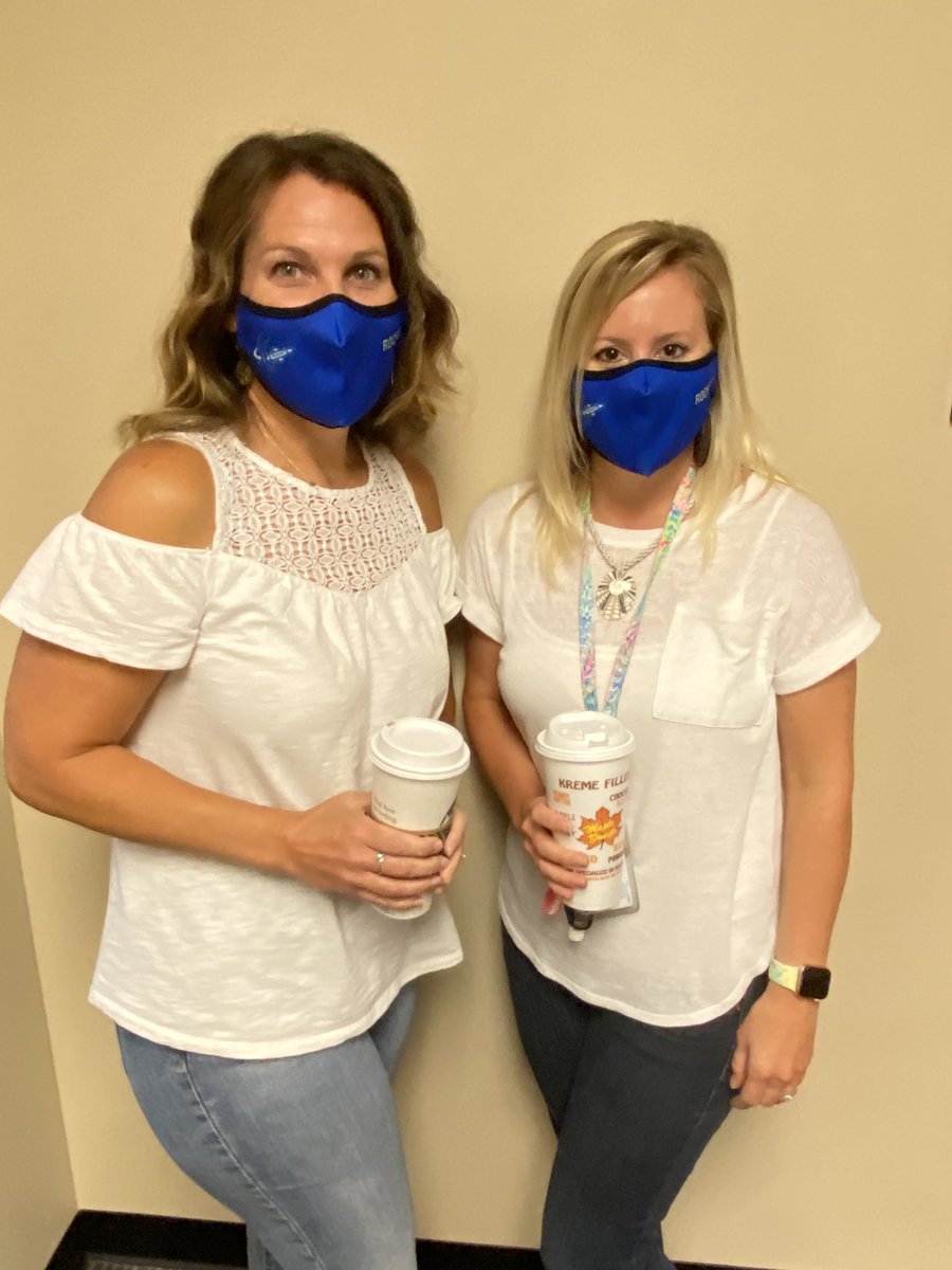 CarrieSchmoyer's tweet photo. When you twin with a co-worker and didn’t plan to-you know your “in sync”.  #Team #friends #rocketpride @SGASD_HS https://t.co/AmJA38AJfa
