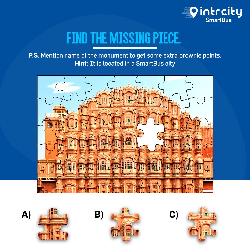RailYatri's tweet photo. ๐ขContest Alert!๐ข
It's time for you to choose wisely! Finding the right piece can get you a free SmartBus Savings Card worth Rs. 249. Share your answers below๐
#ContestAlert #Contest #IntrCitySmartBus #SmartBus #RailYatri #TravelContest #Puzzle https://t.co/dRX8f67mEO