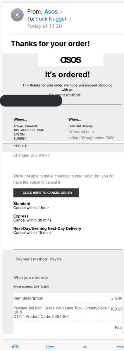 StretcherM0NKEY's tweet photo. @ASOS be aware of this phishing email. Check to see if the address they’ve put as delivery is one of your customers. https://t.co/V5jeZCzcWE