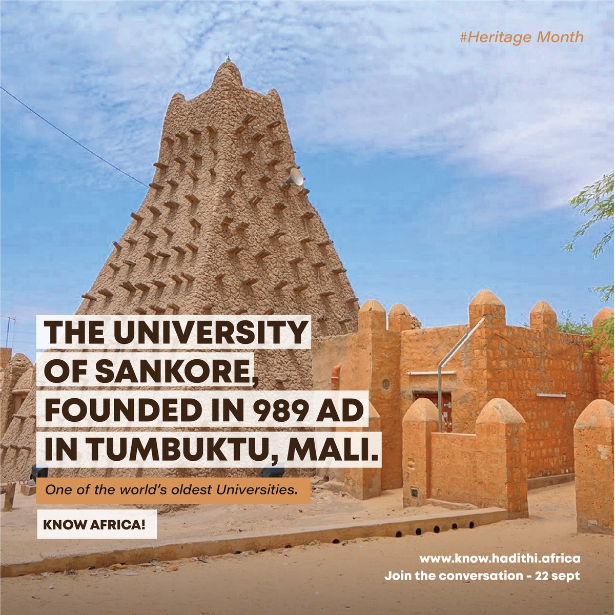 Another one of the world’s oldest universities, the eminent University of Sankoré, a spectacular pyramid-shaped work of architecture, founded in 989 AD by the erudite chief judge of Tumbuktu, Al-Qadi Aqib Ibn Mahmud in Mali.
#KnowAfricaDontJustWearIt #HeritageMonth