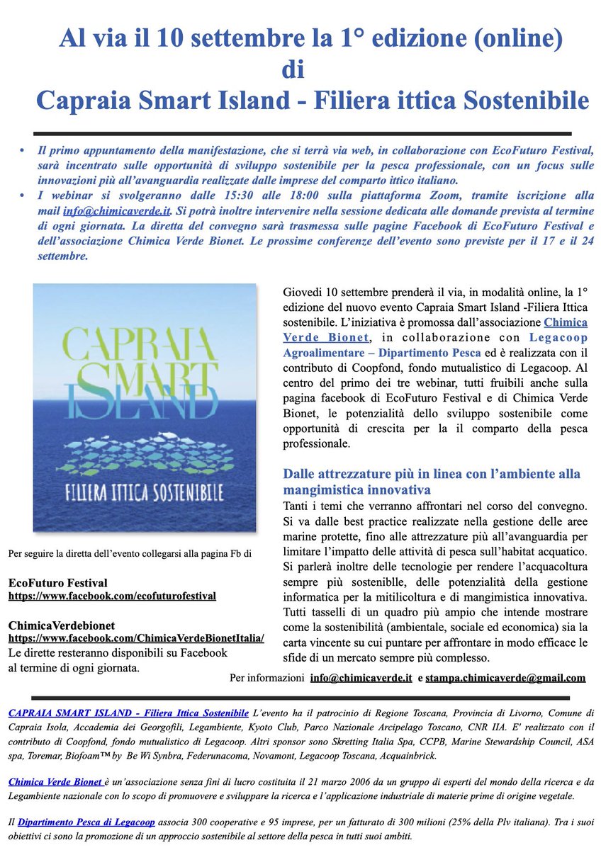 ChimicaVerde's tweet photo. Giovedì 10 settembre parte #Capraia Smart Island Filiera Ittica #Sostenibile.Tra i temi del primo webinar la gestione delle #aree #marine #protette e le attrezzature per la #pesca a basso impatto ambientale. #LegacoopAgroalimentare https://t.co/3kDCdFK9pF https://t.co/uv6T4YSyiH