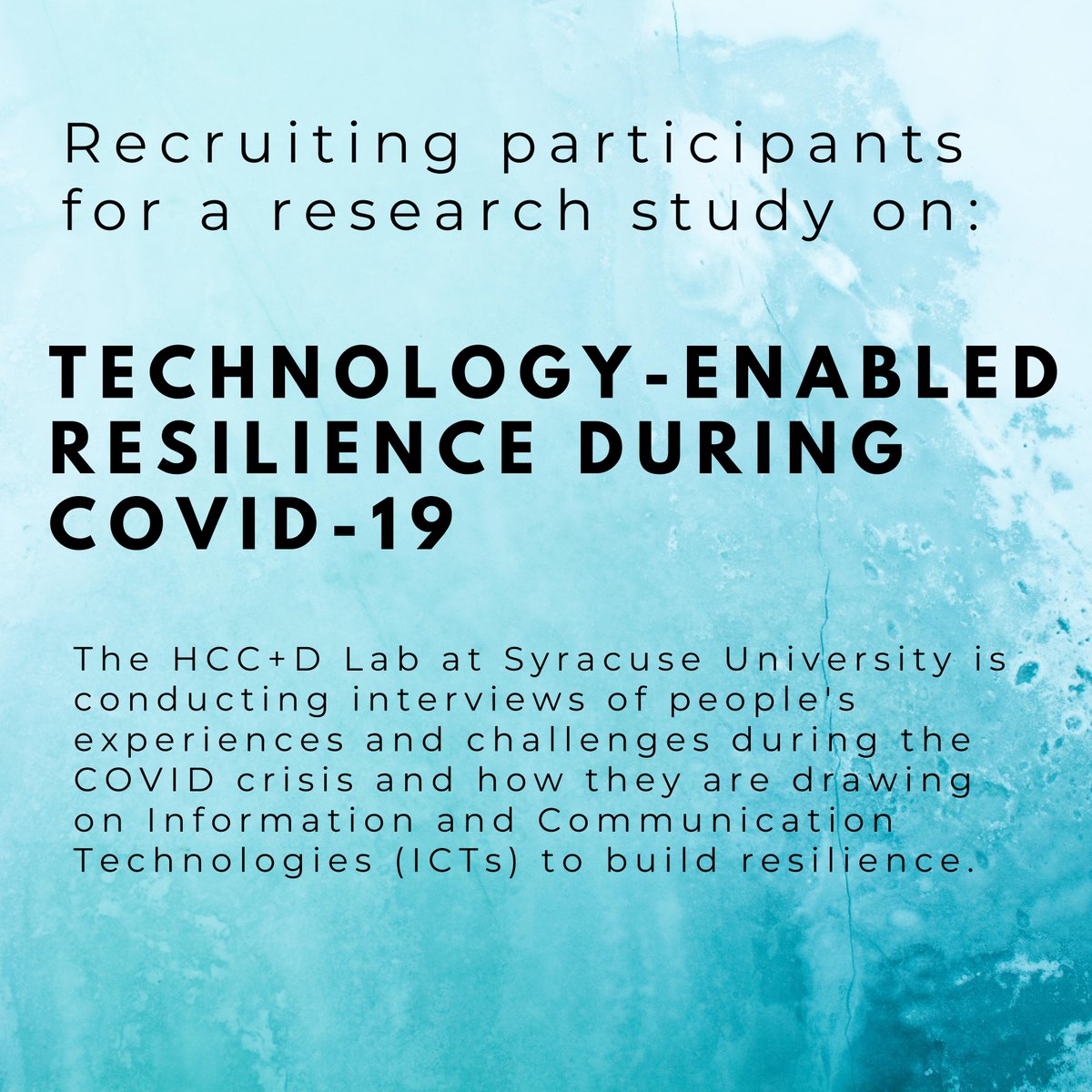 Recruiting for a study! My lab group <a href="/HCCDlabSU/">HCC+D Lab</a> at the <a href="/iSchoolSU/">Syracuse University iSchool</a> is seeking interview participants to better understand your experiences and challenges during #COVID19, especially drawing from technology to build resilience. Sign up: bit.ly/sucarework