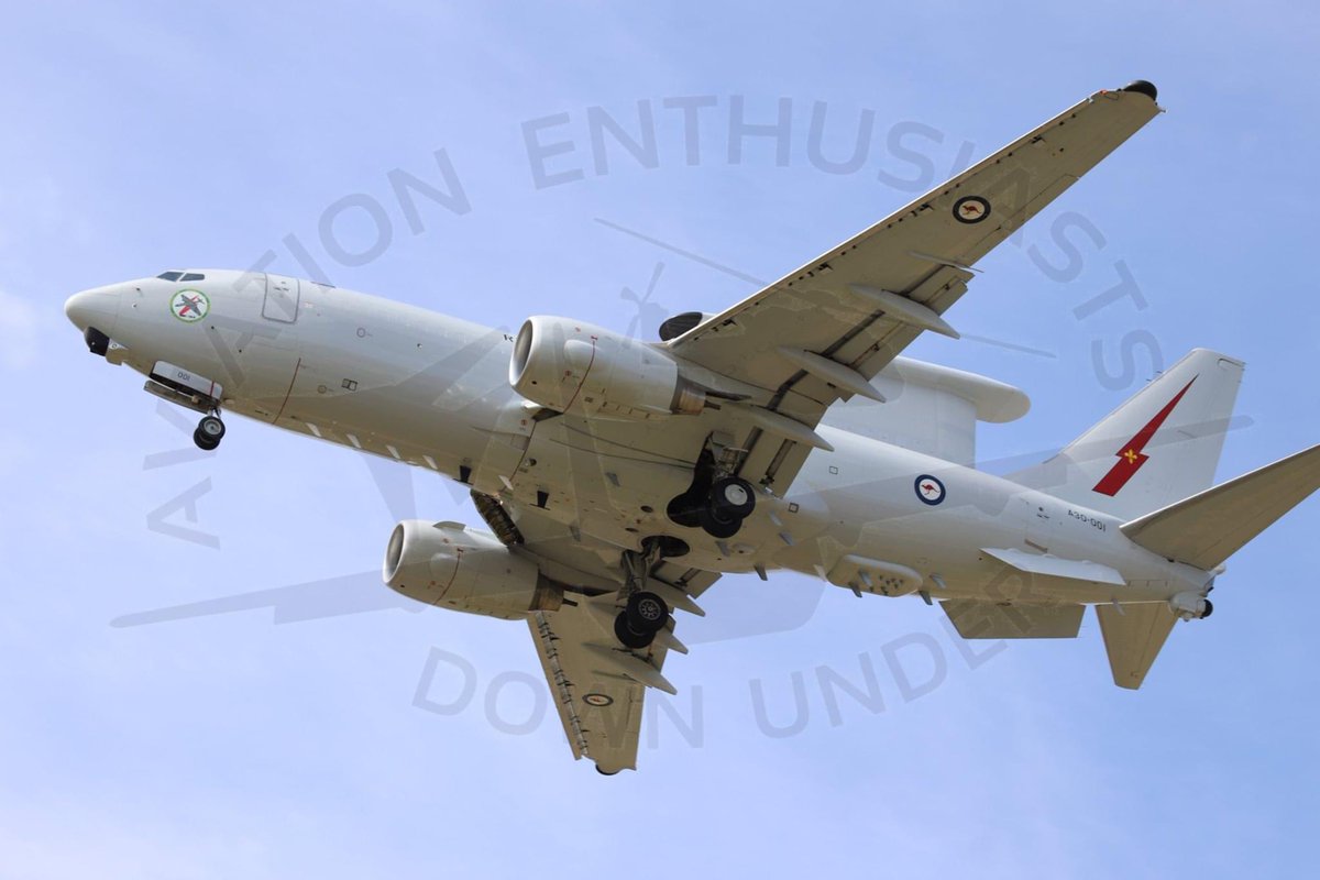 AviationDown's tweet photo. Royal Australian Air Force E-7A Wedgetail A30-001 sporting her new nose art on a planned missed approach at Fairbairn/Canberra Airport 04.09.2020. Check out https://t.co/rBYRyuI8KJ 
#royalaustralianairforce #avgeek #canberraairport #yourairforce #australiandefenceforce https://t.co/max9nFWiMs