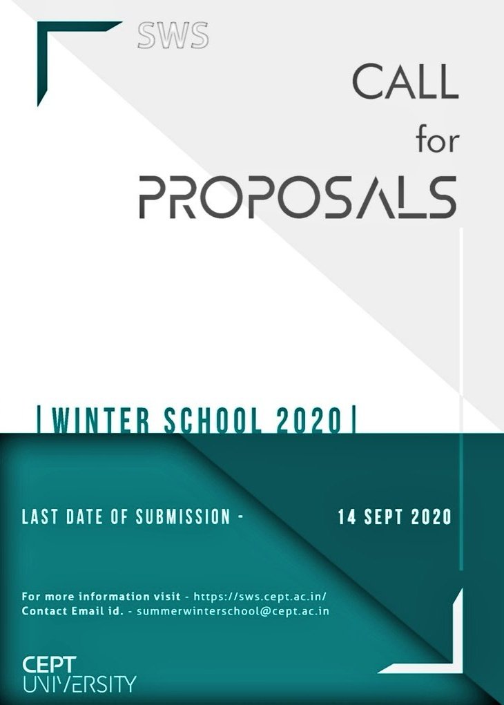 CEPTsws's tweet photo. @CEPTsws is now gearing up for Winter School 2020 and is now open to accept the proposals for courses to be offered.
The call for course proposals is open till 14 September, 2020.
For more information, visit https://t.co/tuVlRcLYtx
Or contact on summerwinterschool@cept.ac.in https://t.co/i2vHSMxmFy