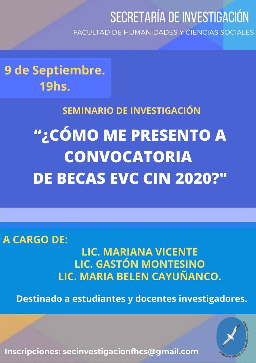 unpsjb_madryn's tweet photo. Seminario de investigación "¿Cómo me presento a Convocatoria de Becas EVC CIN 2020?" El 9 de septiembre a las 19 hs. Está destinado a estudiantes y docentes investigadores. 
Inscripciones: https://t.co/bHPTiL0SBk
secinvestigacionfhcs@gmail.com

#UNPSJB #FHCS #CIN #Investigacion https://t.co/575fZpoEdr