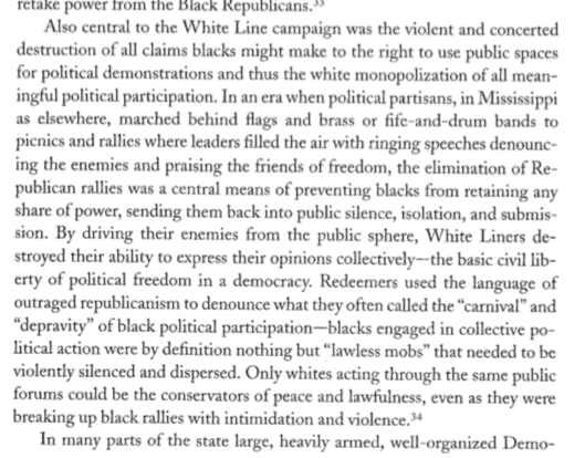 Elections were looming, and the press played its part in enflaming the passions of white Redeemers. A central objective of this terrorist campaign by white supremacists was to exclude Blacks from the public sphere & to lay claim to any all public spaces 6/