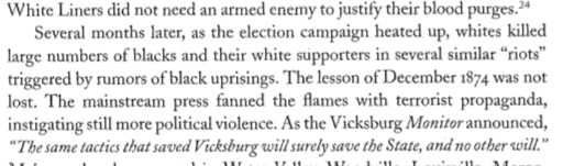 Elections were looming, and the press played its part in enflaming the passions of white Redeemers. A central objective of this terrorist campaign by white supremacists was to exclude Blacks from the public sphere & to lay claim to any all public spaces 6/