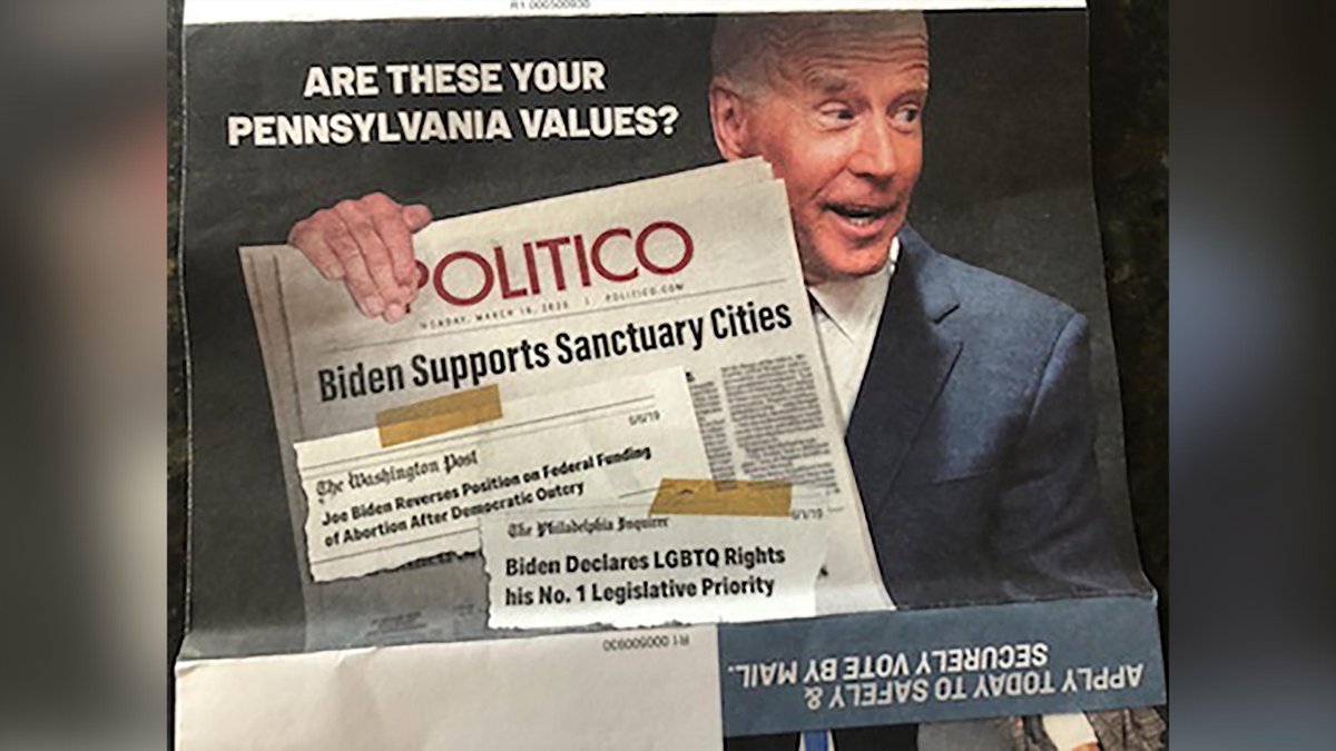 The Pa. mailers from Common Sense Voters of America LLC also includes a doctored image of Biden holding a Politico newspaper, claiming Biden supports sanctuary cities. Politico confirmed they never ran this headline in print or on its website. (The other two clips are correct)