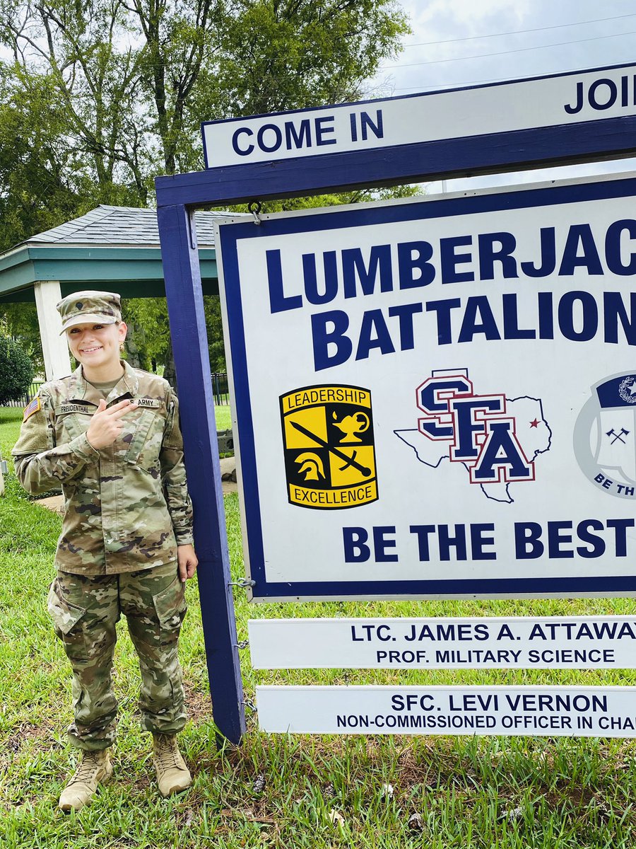 SFA ROTC is honored to recognize Cadet Freudenthal for her selfless service during the outbreak of COVID-19. Katarina was mobilized from March to August with her National Guard unit that tested numerous Texans for COVID-19. Be the Best Cadet Freudenthal! 🇺🇸