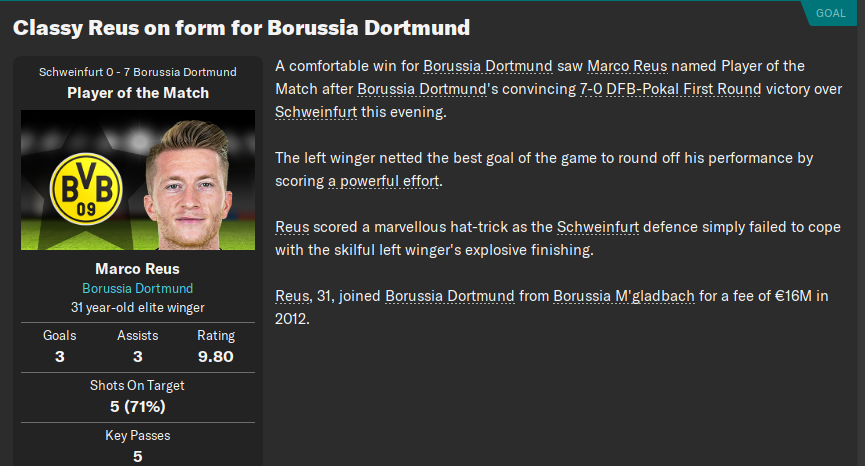 Did anyone say Reus cannot play on the left wing? He absolutely dominated as an inverted winger in the DFB-Pokal match against Schweinfurt (3 goals and 3 assists). With Guerreiro on the left flank, Reus ist free to drift inside whenever he wants.  #BVB  #FM20