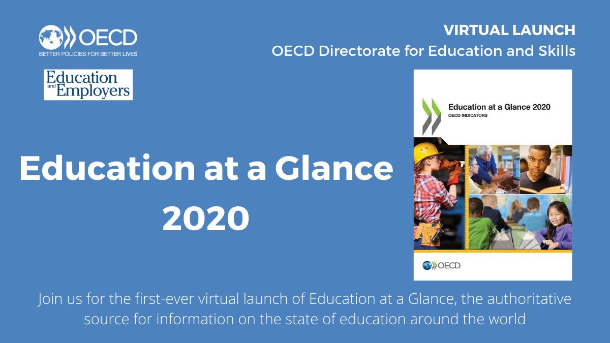 📽️ Join me on 8 September for the virtual launch of Education at a Glance 2020

🕐 13:00 Paris time

The launch includes a Q&amp;A and panel discussion on vocational education and training, particularly hard hit by #COVID19

Details and register 👉 educationandemployers.org/education-at-g…

#OECDEAG