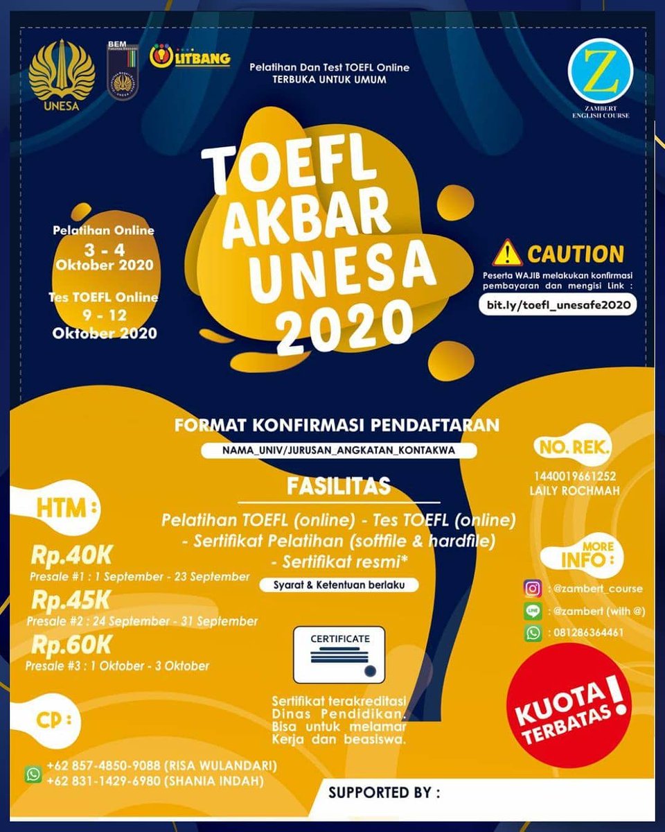 [ INFO BEM FE ]

DEPT. LITBANG BEM FE UNESA x ZAMBERT 
Proudly Present

!! TOEFL AKBAR ONLINE 2020 !!

Tunggu apalagi ??? Segera daftarkan dirimu dan jangan sampai ketinggalan ya !!!
*more info : instagram @toeflakbarunesa2020

#eventkampus #toeflakbar #toefl2020 #toeflmurah