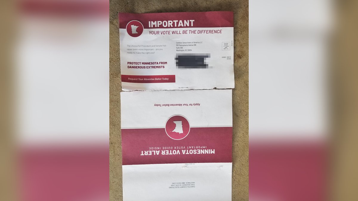 In Minnesota, the mailers include an absentee ballot application and politically charged messaging. The mailer says "protect Minnesota from dangerous extremists" and "your vote will be the difference between broken extremism and Minnesota values."