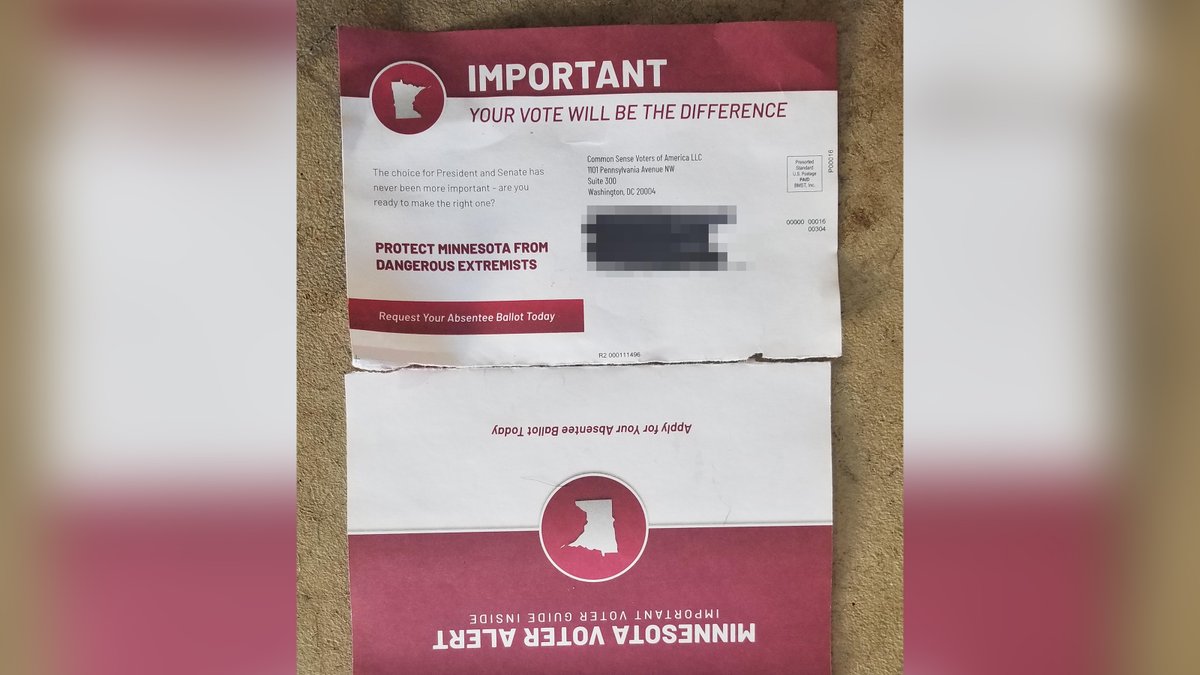 In Minnesota, the mailers include an absentee ballot application and politically charged messaging. The mailer says "protect Minnesota from dangerous extremists" and "your vote will be the difference between broken extremism and Minnesota values."