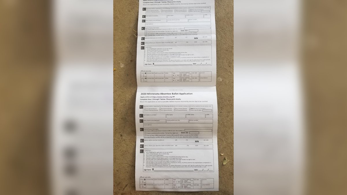 In Minnesota, the mailers include an absentee ballot application and politically charged messaging. The mailer says "protect Minnesota from dangerous extremists" and "your vote will be the difference between broken extremism and Minnesota values."