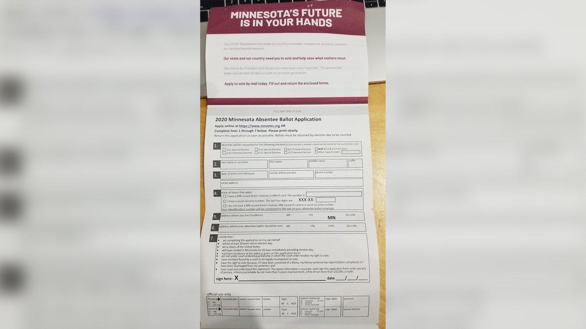 In Minnesota, the mailers include an absentee ballot application and politically charged messaging. The mailer says "protect Minnesota from dangerous extremists" and "your vote will be the difference between broken extremism and Minnesota values."