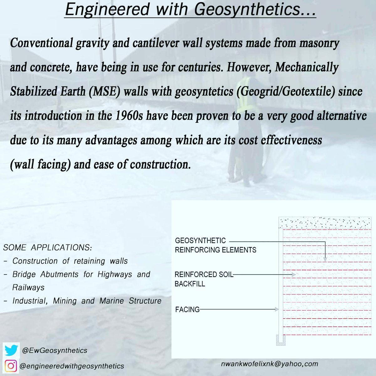 felainzo's tweet photo. Mechanically Stabilized Earth (MSE) wall Engineered with Geosynthetics (Geogrids/Geotextiles) have continued to provide value and cost savings to both clients and contractors. https://t.co/9eSiHtUtRz