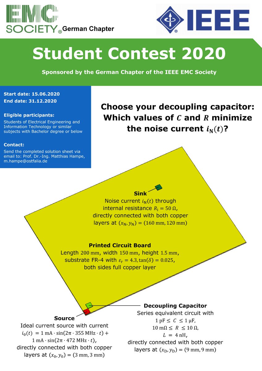 LehrstuhlEMV's tweet photo. Die Einreichungsfrist für den #IEEEStudentContest 2020 des @IEEEorg German Chapters der @IEEE_EMCS wurde jetzt auf 31.12.2020 verlängert - dass heißt mehr Zeit für eure Überlegungen und Simulationen zur optimalen Konfiguration des gesuchten #Entstörkondensator|s. https://t.co/nxIMOmmh5J