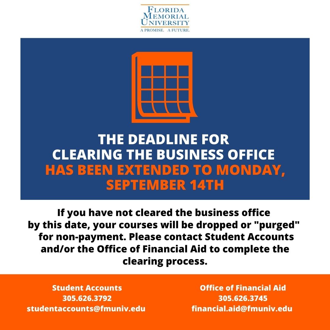 FmuIroar's tweet photo. Attention Students: If you have not cleared the business office on or before Monday, September 14th, your courses will be removed from your schedule for non-payment. Contact the Financial Aid Office or Student Accounts for assistance. https://t.co/pCzyziXf0S
