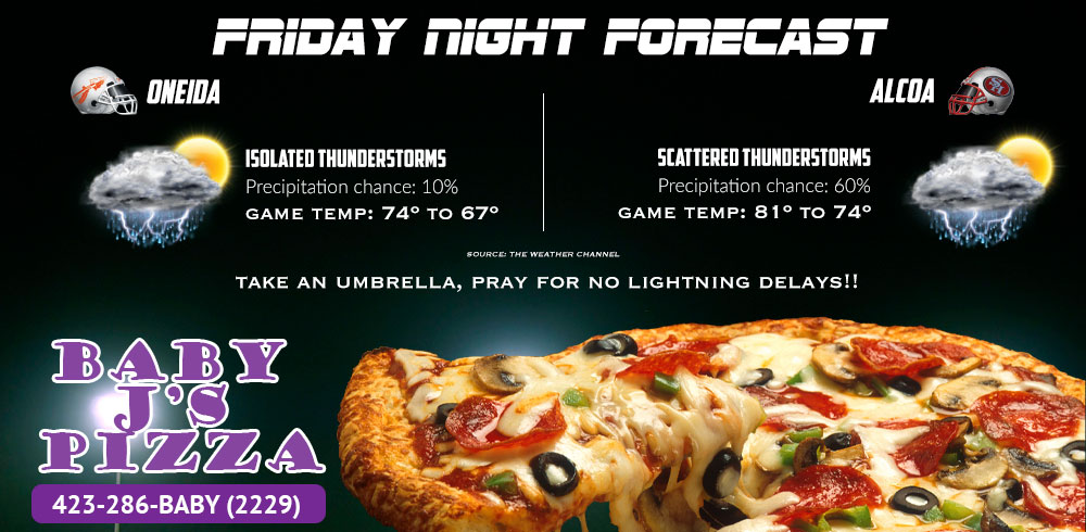 IHVarsity's tweet photo. Here is tonight's #FridayNightForecast, presented by Baby J's Pizza. A round of t-storms is likely, but we're hoping it'll be cleared out of Oneida by the time the teams are ready to warm up. Alcoa might not be hardly as lucky. https://t.co/yccYMGkZyK