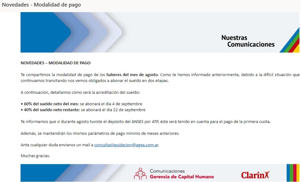 Clarín sigue cobrando el ATP y le avisa a sus empleados que, de nuevo, le va a pagar el sueldo en cuotas. La primera hoy y el 40% restante el 22 de septiembre ☠️