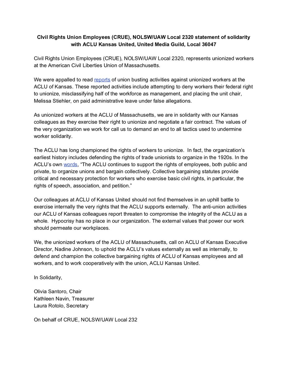 "Our colleagues at <a href="/ACLUKSUnited/">ACLU of Kansas United</a> should not find themselves in an uphill battle to exercise internally the very rights that the ACLU supports externally." #Solidarity #UnionStrong ✊  See our full statement