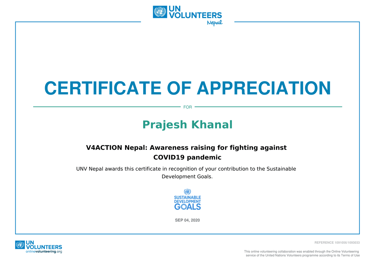 prajeshjee's tweet photo. It was wonderful volunteering with #V4Action for awareness raising for fighting against #COVID19.
Thank you @UNVNepal & V4ACTION for this amazing opportunity!!
I look foward to more opportunities to serve and contribute to the #SDGs :)
#unvolunteers #youth #Nepal #UNV https://t.co/YDgq4dpKua