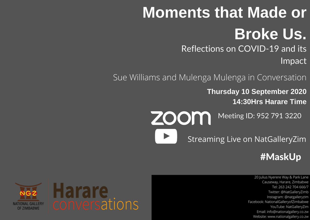 NatGalleryZimb's tweet photo. Our next session of the #HarareConversations features Mulenga Mulenga from Zambia and Sue Williams from the UK, #InConversation.
#Covid_19 #MaskUp
@moysarzim @sabiggie @BYOgallery @DailyNewsZim @HStvNews https://t.co/26ad69i2OK