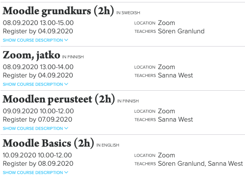 EdulabT's tweet photo. Short courses by EduLab in week 37:
- Moodle grundkurs 08.09.2020 13.00-15.00
- Zoom, jatko 08.09.2020 13.00-14.00
- Moodlen perusteet 09.09.2020 10.00-12.00
- Moodle Basics 10.09.2020 10.00-12.00 https://t.co/NzAp9e6jNl