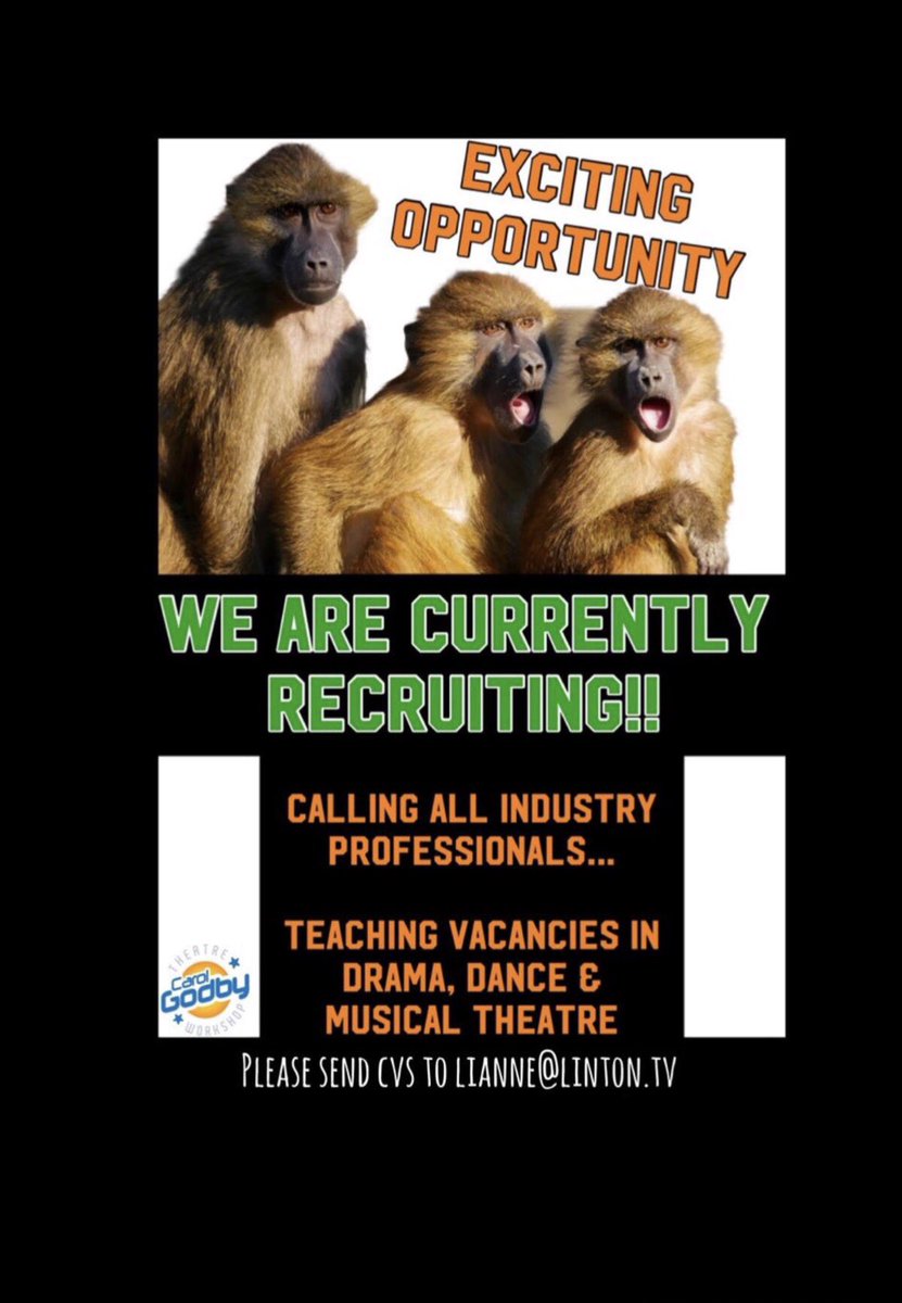 CarolGodbys's tweet photo. ⭐️ Job Opportunity ⭐️
#carolgodbys #industryjobs #dramajobs #danceteacher #musicaltheatre #jobopportunities #manchester https://t.co/Q10Gd7oeSE