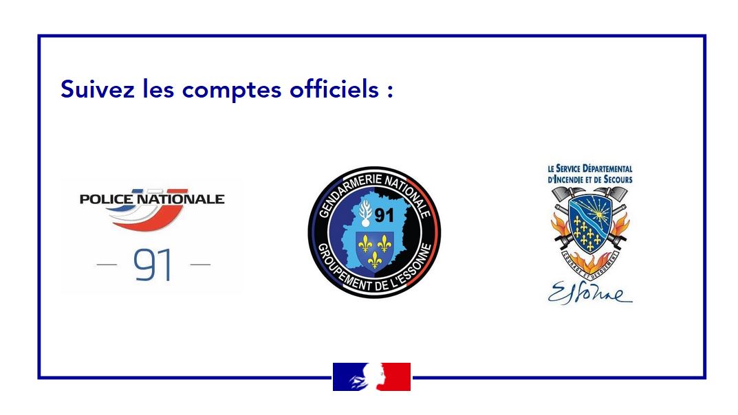#Essonne | 🤝

Sur les réseaux sociaux, ne diffusez pas de fausses informations et suivez les comptes officiels :

👉 <a href="/PoliceNat91/">Police Nationale 91</a> &amp; facebook.com/PoliceNat91/

👉 <a href="/Gendarmerie_091/">Gendarmerie de l'Essonne</a> &amp; facebook.com/gendarmeriedel…

👉 <a href="/sdis91/">Sapeurs-pompiers 91</a> &amp; facebook.com/Sdis.essonne.p…