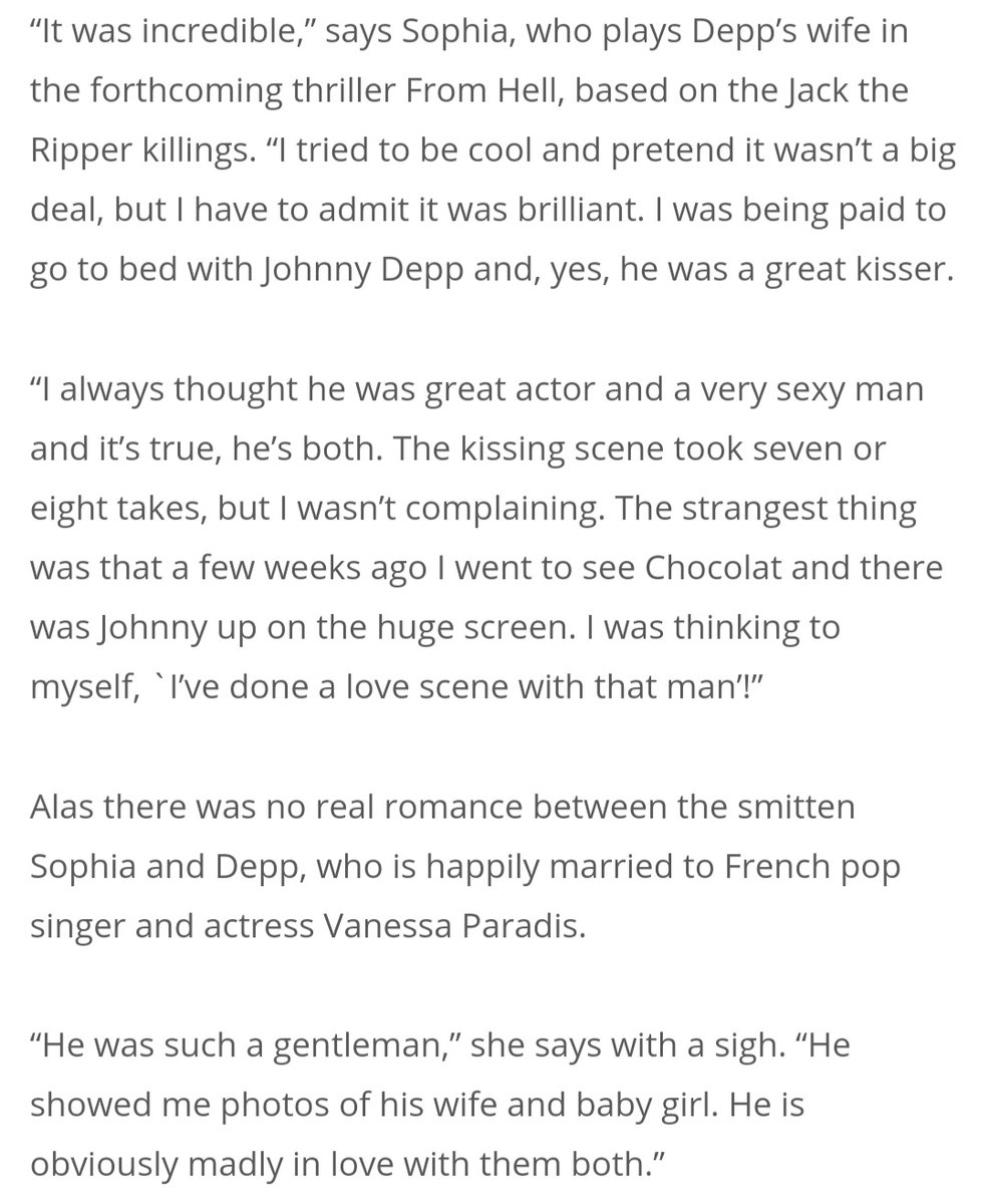  #SophiaMyles on  #JohnnyDepp "I was being paid to go to bed with Johnny Depp and yes he was a great kisser"2019 Tweet from Sophia Myles:"He was lovely to me.Iconic man" #FromHell (2001 film)