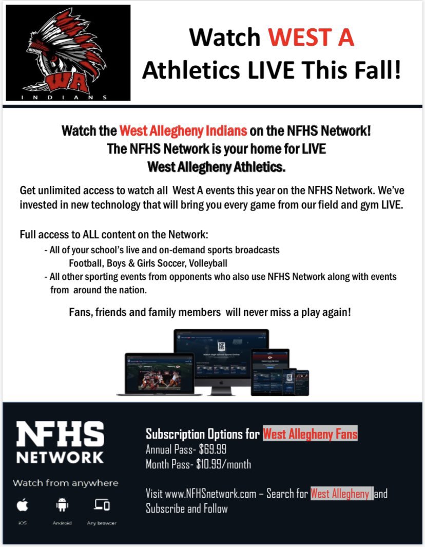 Please note that all future <a href="/WestASports/">West A Athletics</a> regular season home games (for gymnasium and stadium sports, including football) will be broadcast live on the NFHS Network.