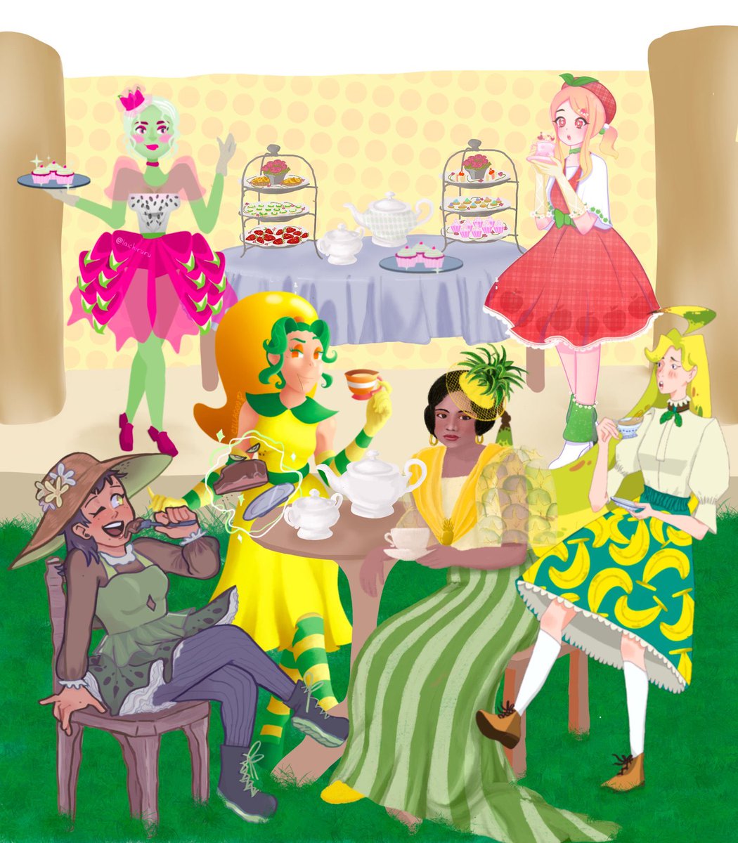 haamhamm's tweet photo. Welcome to the #FruiTea Party!🎊 🥝 🍰🍵

Follow my talented and lovely fruity groupmates💞: 
@laichiruru
@zimczalabim
@cillagon 
@ThezyrableArt

#FruitSaladCollab #Fruitsona #artph
Hosted and Collated by: @ZanyZestyZippy
Background by: @ThezyrableArt https://t.co/DlQVt5kyIe