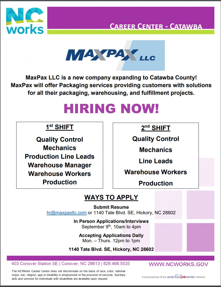 WPWorkforceDev's tweet photo. New Company MaxPax HIRING NOW! Resume and applications can be mailed or in person. See details in the flyer. @ncworks @ncawdb #moregoodjobs #itsbestinthewest https://t.co/op2qj5QBc0