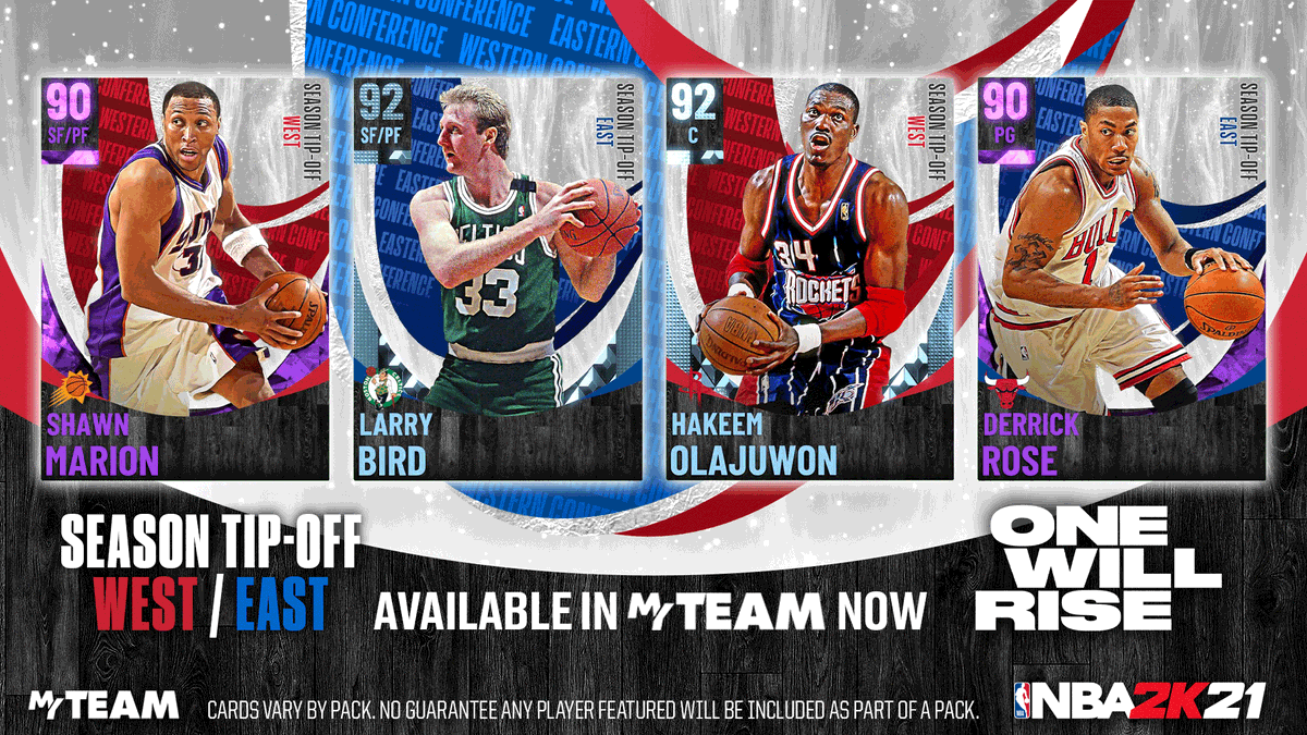NBA2KMyTEAM's tweet photo. Season Tip-Off Packs 🔥 The first #NBA2K21 packs feature players &amp; Legends from all 30 NBA teams! Cards include: 

💎 Larry Bird, 💎 Hakeem Olajuwon, Amy Derrick Rose, Amy Shawn Marion, and more.

Available until September 11th https://t.co/2kNuzO41lH