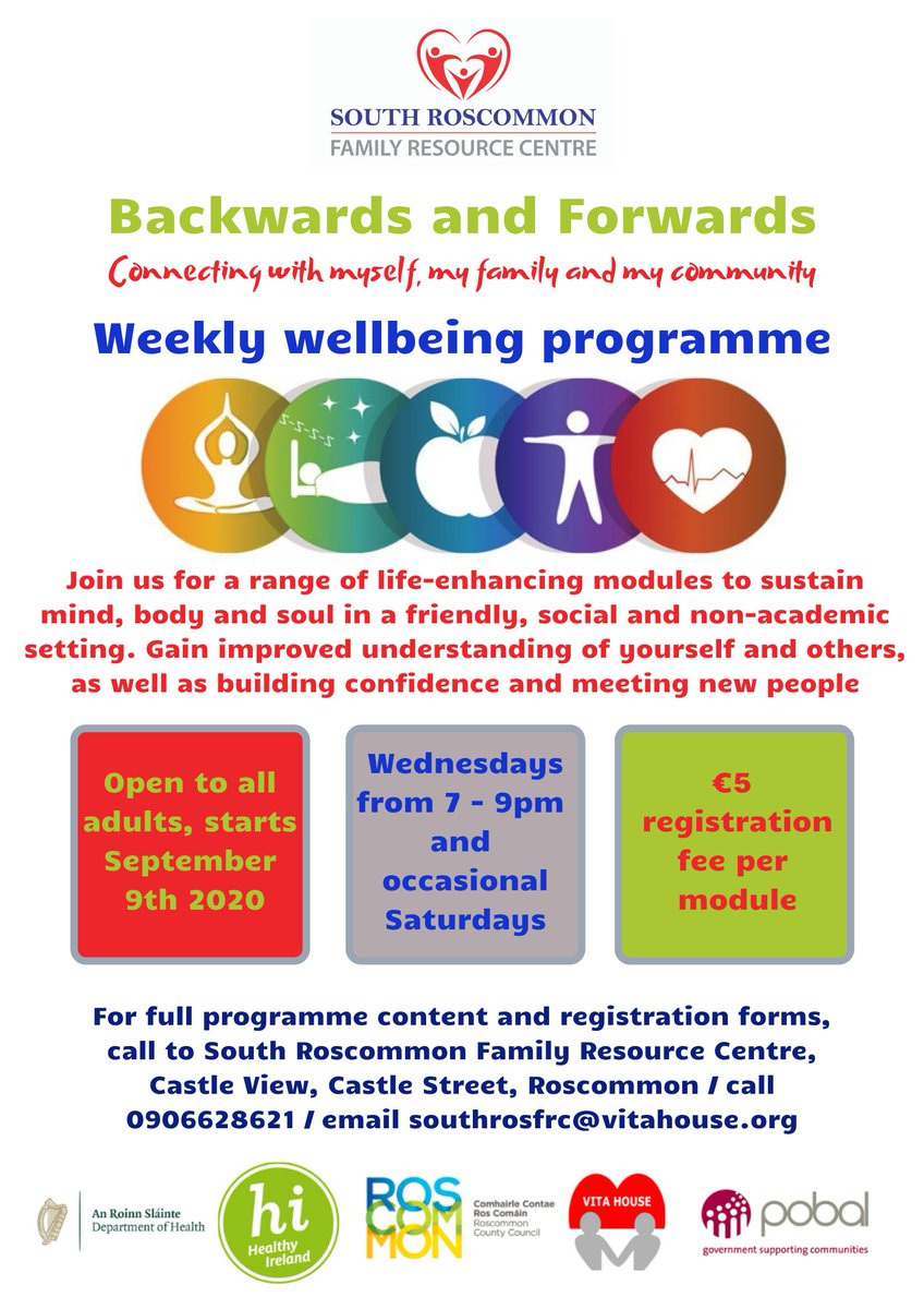 SouthRosFRC's tweet photo. New #healthandwellbeing programme @SouthRosFRC info session next Wed at 7pm. For course content and registration, contact southrosfrc@vitahouse.org or 0906628621 See @RosPeople and next wk's @RoscommonHerald for more details
#mindset #mindfulness #nutrition #personaldevelopment https://t.co/GGHRjgMBO4