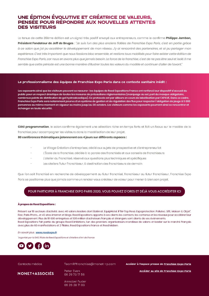 Franchise Expo Paris s’intègre dans la relance économique en confirmant sa tenue du 4 au 7 octobre 2020 !

Commandez votre badge à tarif préférentiel jusqu’au 13 septembre en cliquant ici : badge.franchiseparis.com/visiteur.htm?c… 

#FranchiseParis2020 <a href="/Franchise_FFF/">Franchise FFF</a>