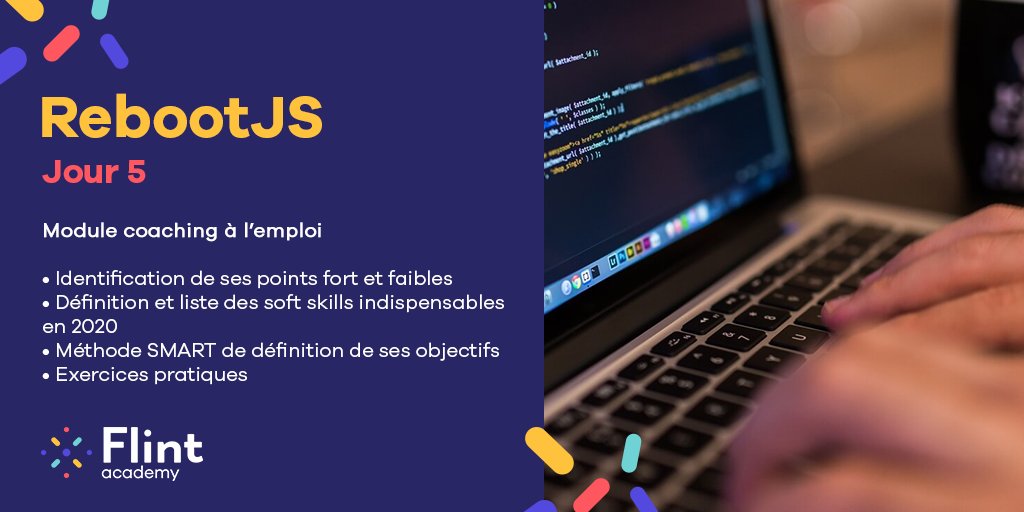 Flint__Academy's tweet photo. 📅 #RebootJS - Jour 5
Ce vendredi après-midi, focus sur les #Softskills avec notre module de coaching à l'#emploi. https://t.co/1F0UeBpi2m