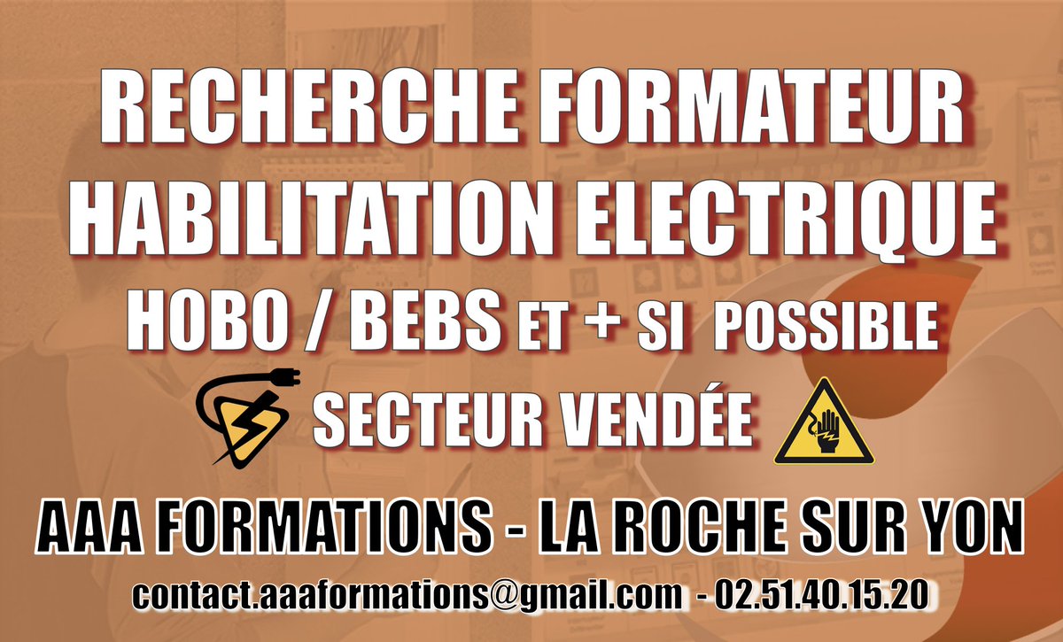 Nous recherchons un formateur / formatrice en "Habilitation Electrique" pour du H0B0 / BEBS et plus si possible. Intervention sur le secteur de la Vendée. Prendre contact directement au centre 0251401520 ou par mail à contact.aaaformations@gmail.com #AAAFORMATIONS  #larochesuryon