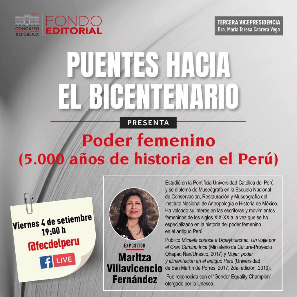 fecdelperu's tweet photo. HOY, a las 7 p.m., la historiadora Maritza Villavicencio hablará sobre “Poder femenino (5.000 años de historia en el Perú”. No se lo pierdan. Vía https://t.co/ozGXo0HT89 @diosa_inka #PuentesHaciaElBicentenario #FEC2020 https://t.co/J343Un7gQP