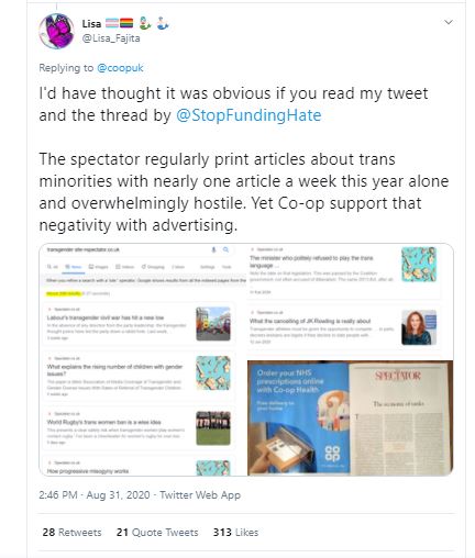 And in a now deleted tweet, Co-op told the Mermaids supporter it would stop putting ads in the "transphobic" Spectator.