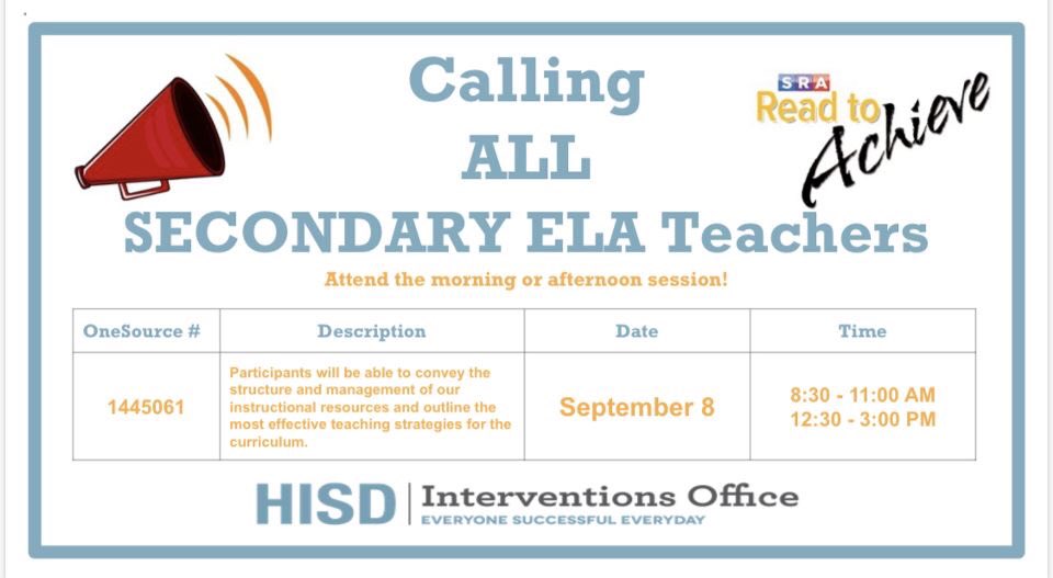mbosman87's tweet photo. Are you teaching reading intervention in MS/HS this year? Be sure to attend RTA/CR trainings next week to see how to take the program virtual! @TeamHISD @HISD_IAT @HISD_SpecPops @HISDNorthArea https://t.co/iK3lyXv0rS