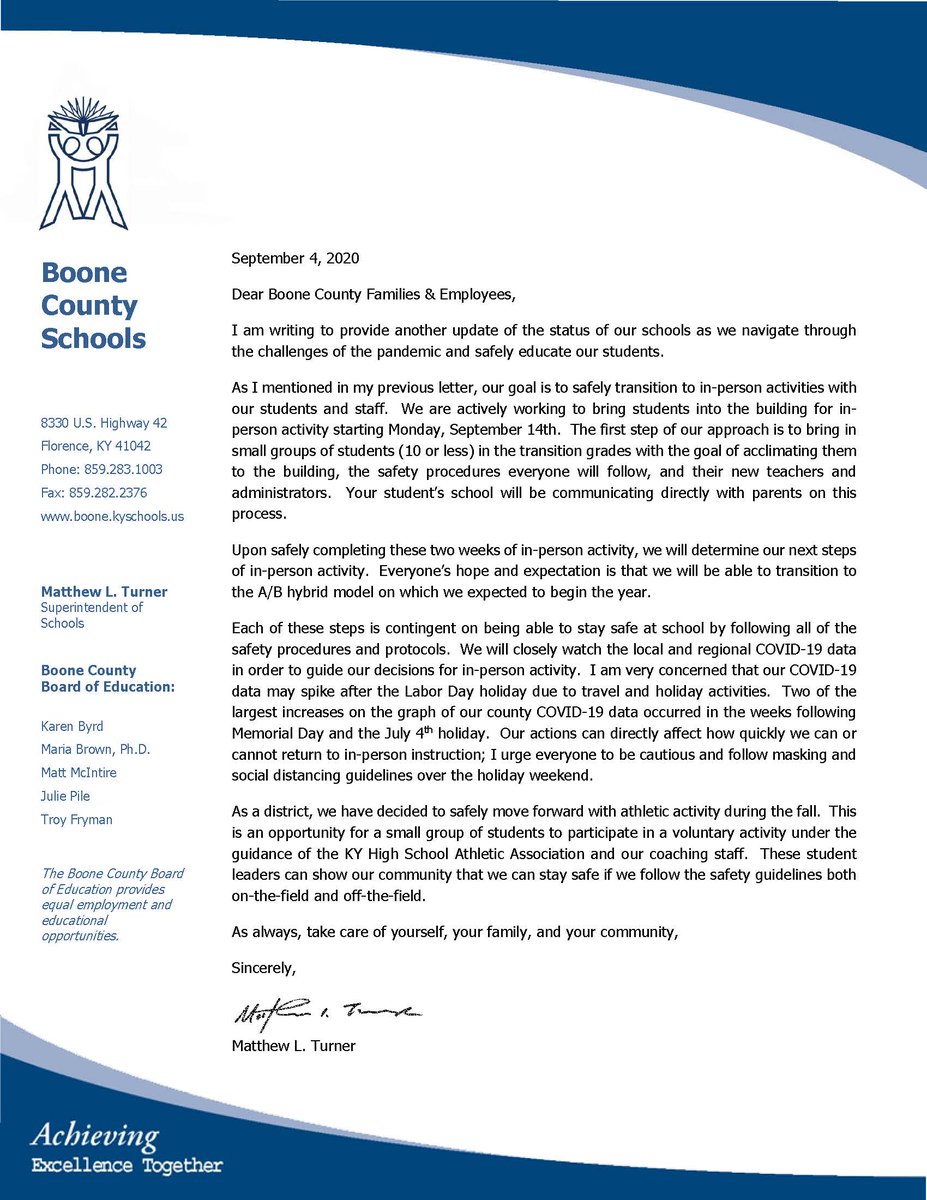 Attached is the letter from Superintendent Matthew Turner on the plan for students to re-enter Boone County Schools by mid-September. <a href="/SuptTurner/">Matt Turner</a> <a href="/JimDetwiler1/">Dr. Jim Detwiler</a> <a href="/jlvw76/">Ayman eth</a> <a href="/BooneCountyKy/">Boone County</a> <a href="/CityofFlorence/">City of Florence, KY</a> 

facebook.com/TheBooneCounty…