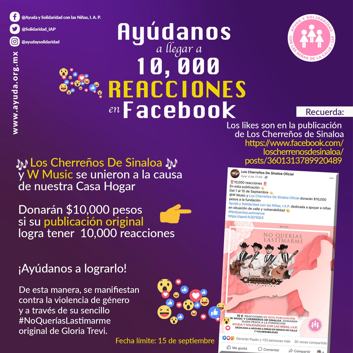 Solidaridad_IAP's tweet photo. Amigas, amigos!

@GrupoCherrenos y #WMusic se unen a la causa de nuestra Casa Hogar y donarán ‼️10,000 pesos‼️ si su publicación original logra 10,000 reacciones 💜.

¡Ayúdanos a lograrlo!
🔴Los likes son en este link:
https://t.co/5bzAhcDAAy

#NoQueríasLastimarme… https://t.co/XlFJR7Q7mp
