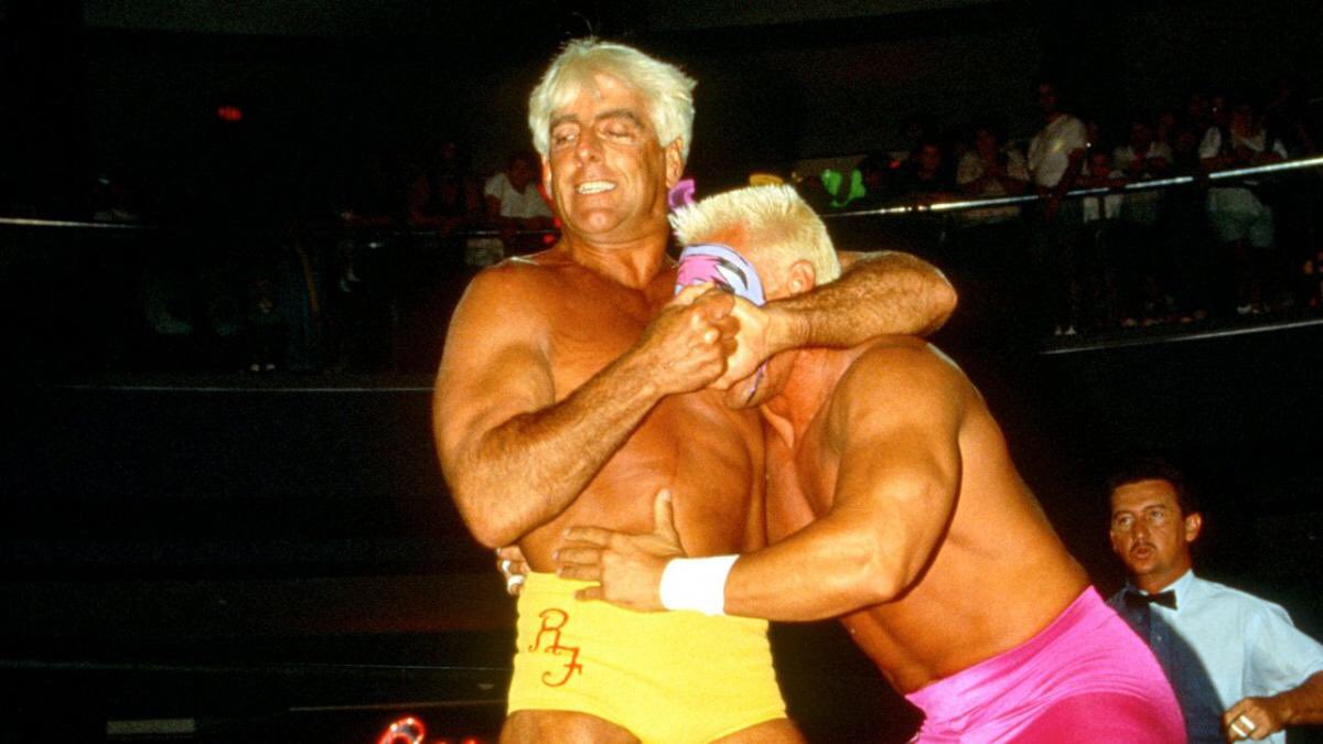 WCWarchive's tweet photo. The franchises of #WCW...@sting def @RicFlairNatrBoy by dq on the first #WCW Monday Nitro. The two would have bookend Nitro matches, as they met again in March 2001 on the final episode. #Nitro25 https://t.co/FpyvtM8Gcv