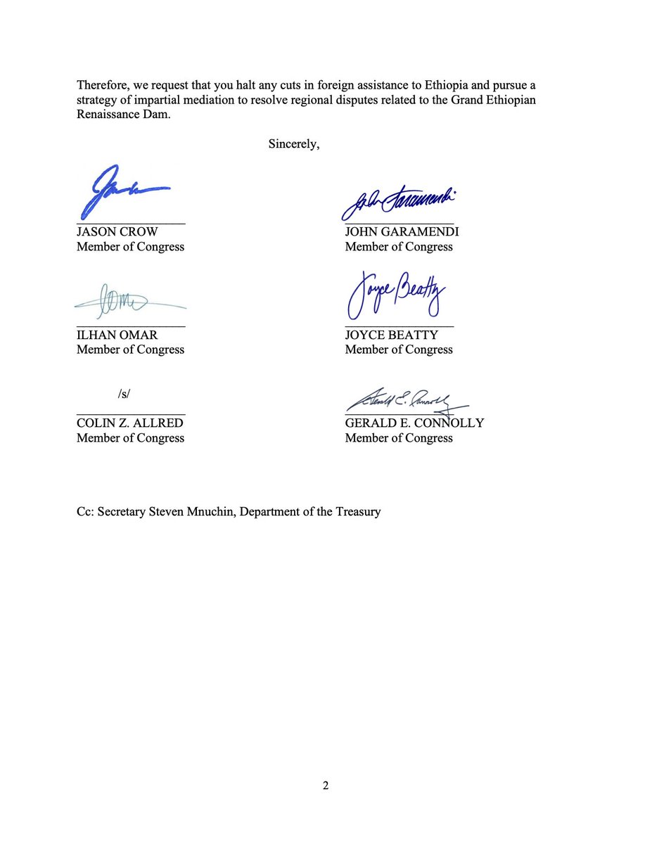 Rep. Jason Crow (@repjasoncrow) on Twitter photo The Grand Ethiopian Renaissance Dam is a point of national pride for Ethiopia. #GERD could provide stable electricity & boost economic security in the region.
This week, I led a letter to <a href="/SecPompeo/">Secretary Pompeo</a> & <a href="/stevenmnuchin1/">Steven Mnuchin</a> urging them to halt cuts in foreign assistance to Ethiopia. The Grand Ethiopian Renaissance Dam is a point of national pride for Ethiopia. #GERD could provide stable electricity & boost economic security in the region.
This week, I led a letter to <a href="/SecPompeo/">Secretary Pompeo</a> & <a href="/stevenmnuchin1/">Steven Mnuchin</a> urging them to halt cuts in foreign assistance to Ethiopia.