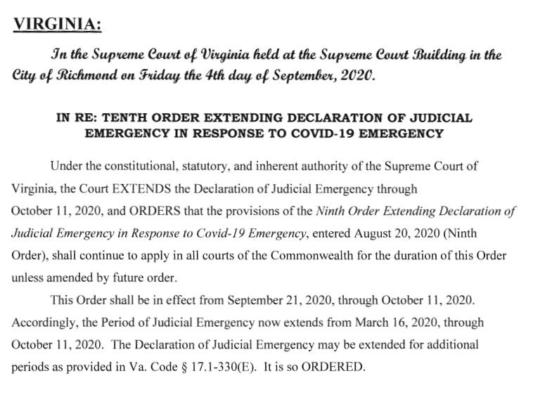 NEW: Va Supreme Court issues 10th Declaration of Judicial Emergency, extended through October 11, 2020. Read the FULL ORDER and follow updates HERE: bit.ly/3d71hQs